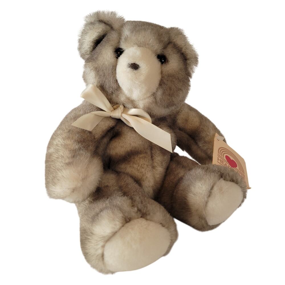Plush Bear Gray Brown 12” Satin Bow Vintage Stuffed Animal Heartline Sterling